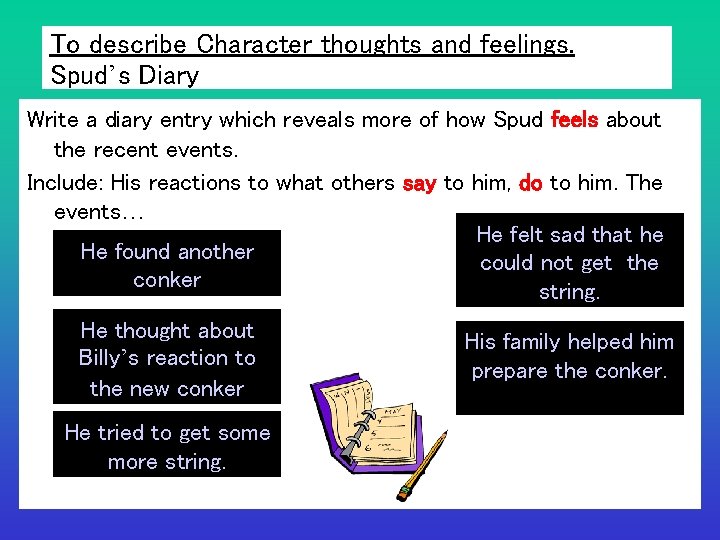 To describe Character thoughts and feelings. Spud’s Diary Write a diary entry which reveals