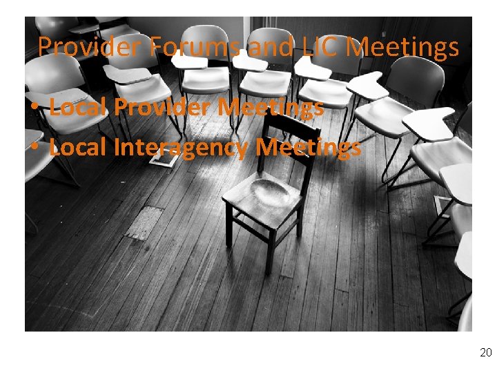 Provider Forums and LIC Meetings • Local Provider Meetings • Local Interagency Meetings 20