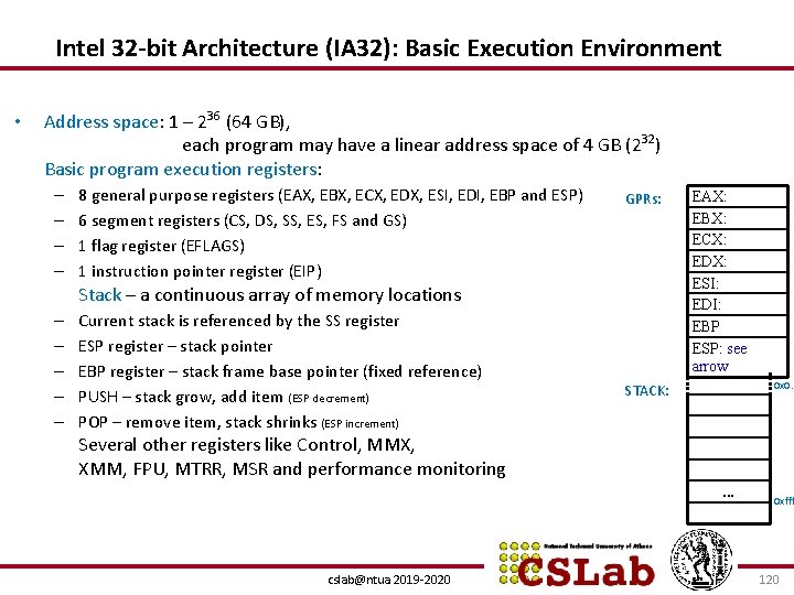 Intel 32 -bit Architecture (IA 32): Basic Execution Environment • Address space: 1 –