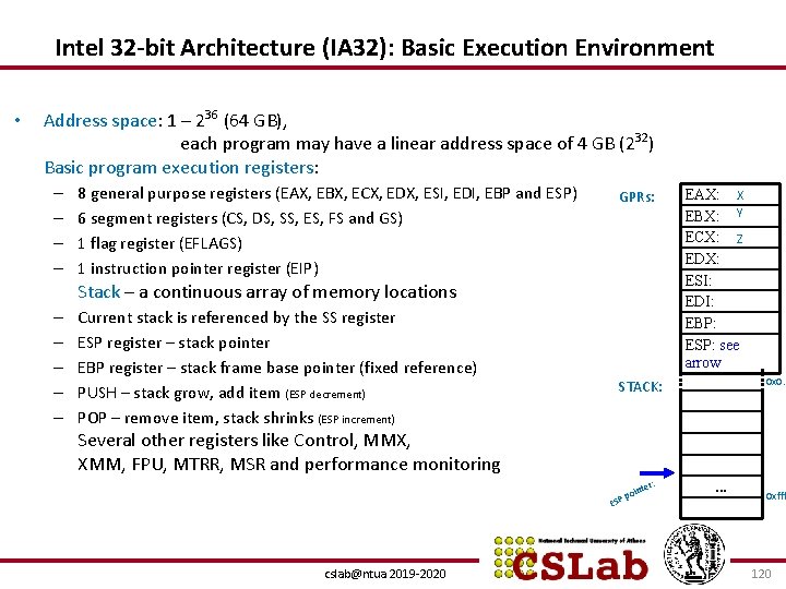 Intel 32 -bit Architecture (IA 32): Basic Execution Environment • Address space: 1 –