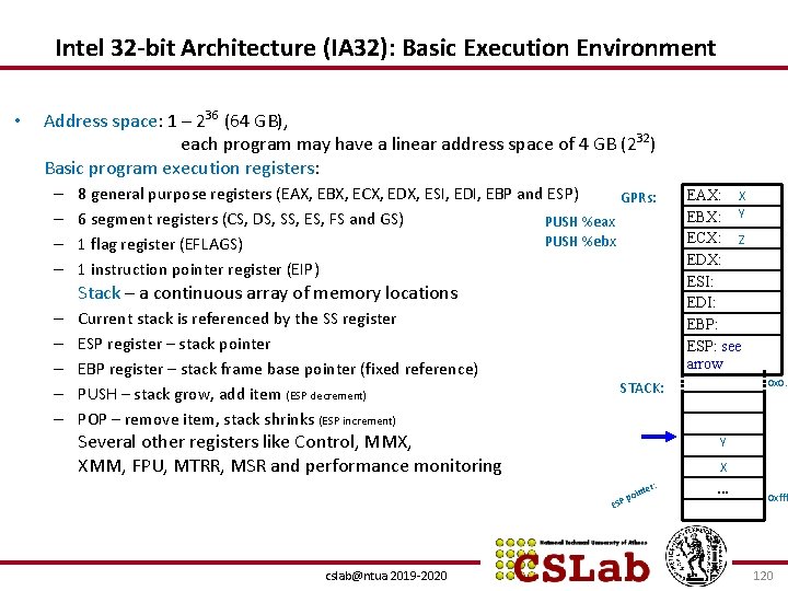 Intel 32 -bit Architecture (IA 32): Basic Execution Environment • Address space: 1 –