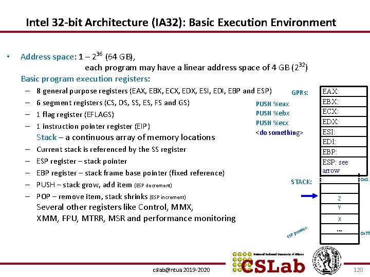 Intel 32 -bit Architecture (IA 32): Basic Execution Environment • Address space: 1 –