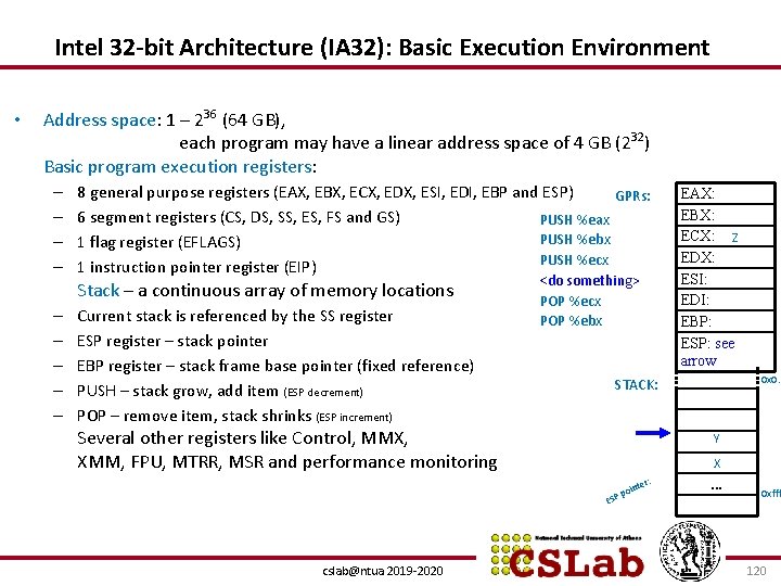 Intel 32 -bit Architecture (IA 32): Basic Execution Environment • Address space: 1 –