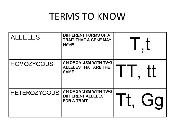 TERMS TO KNOW ALLELES DIFFERENT FORMS OF A TRAIT THAT A GENE MAY HAVE