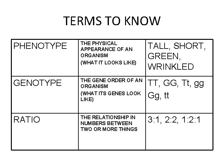 TERMS TO KNOW PHENOTYPE THE PHYSICAL APPEARANCE OF AN ORGANISM (WHAT IT LOOKS LIKE)