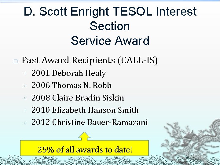 D. Scott Enright TESOL Interest Section Service Award � Past Award Recipients (CALL-IS) ³
