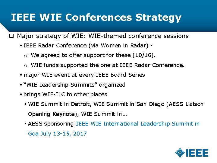 IEEE WIE Conferences Strategy q Major strategy of WIE: WIE-themed conference sessions § IEEE