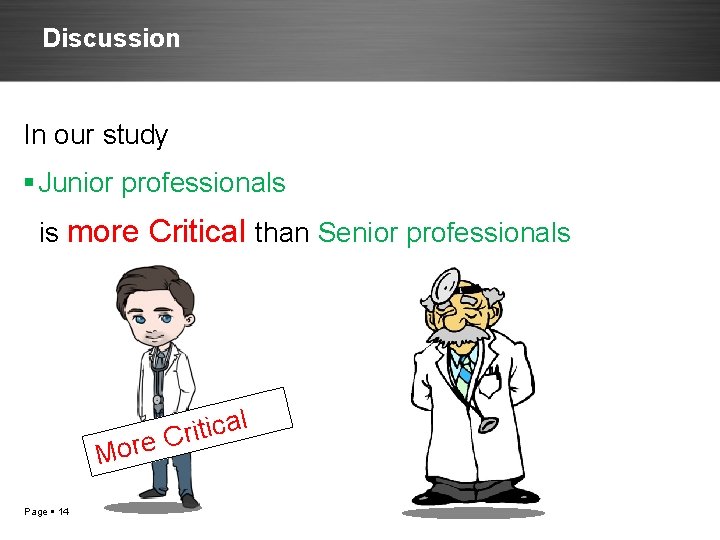 Discussion In our study Junior professionals is more Critical than Senior professionals l M