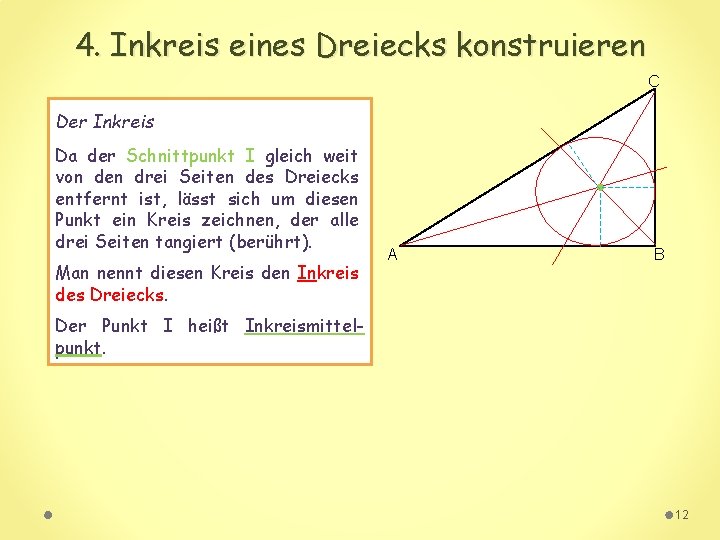 4. Inkreis eines Dreiecks konstruieren C Der Inkreis Da der Schnittpunkt I gleich weit