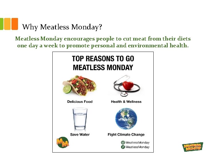 Why Meatless Monday? Meatless Monday encourages people to cut meat from their diets one