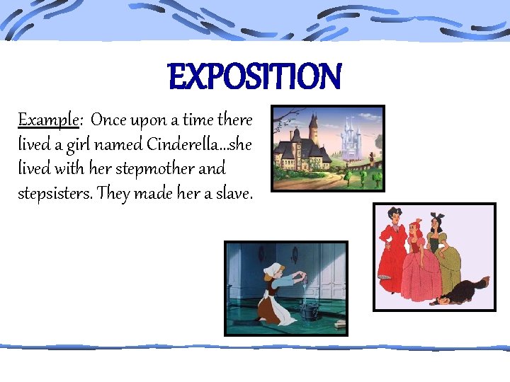 EXPOSITION Example: Once upon a time there lived a girl named Cinderella…she lived with