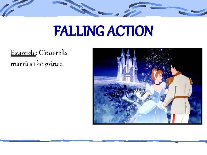 FALLING ACTION Example: Cinderella marries the prince. 