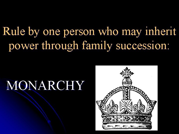 Rule by one person who may inherit power through family succession: MONARCHY 