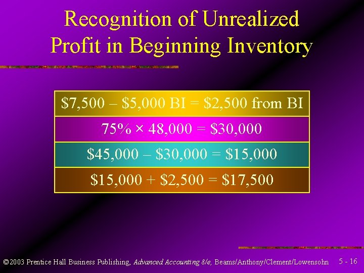 Recognition of Unrealized Profit in Beginning Inventory $7, 500 – $5, 000 BI =