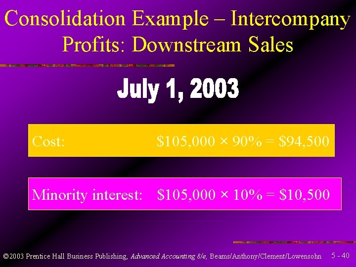 Consolidation Example – Intercompany Profits: Downstream Sales Cost: $105, 000 × 90% = $94,