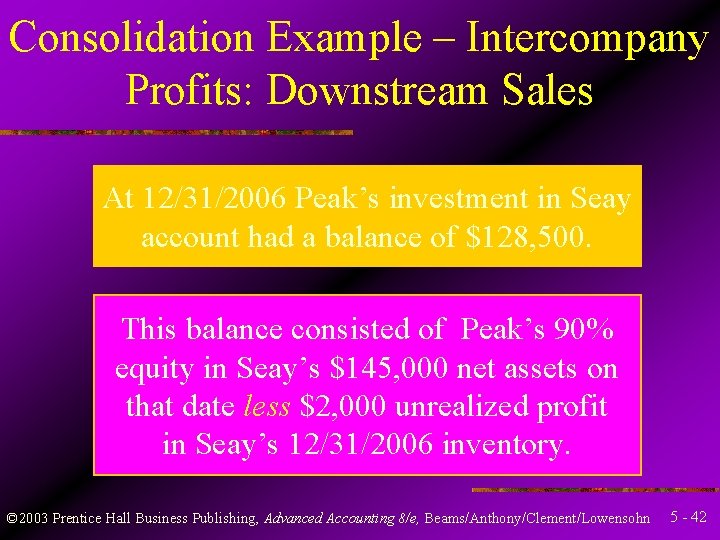 Consolidation Example – Intercompany Profits: Downstream Sales At 12/31/2006 Peak’s investment in Seay account