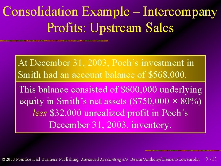 Consolidation Example – Intercompany Profits: Upstream Sales At December 31, 2003, Poch’s investment in