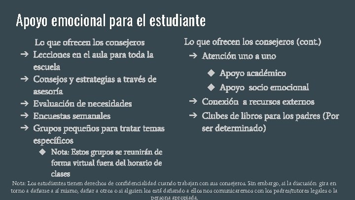 Apoyo emocional para el estudiante ➔ ➔ ➔ Lo que ofrecen los consejeros Lecciones