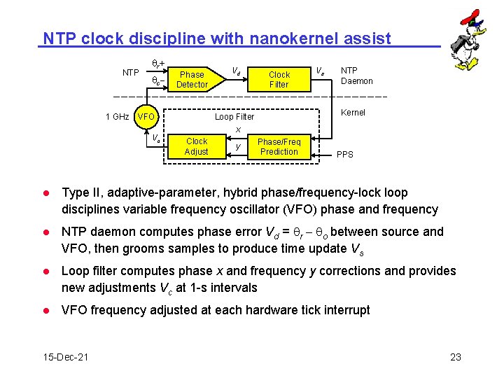 NTP clock discipline with nanokernel assist NTP qr + q c- Phase Detector Clock