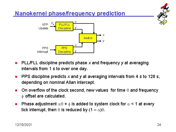 Nanokernel phase/frequency prediction NTP Vs Update PLL/FLL Discipline x y Switch PPS Interrupt PPS
