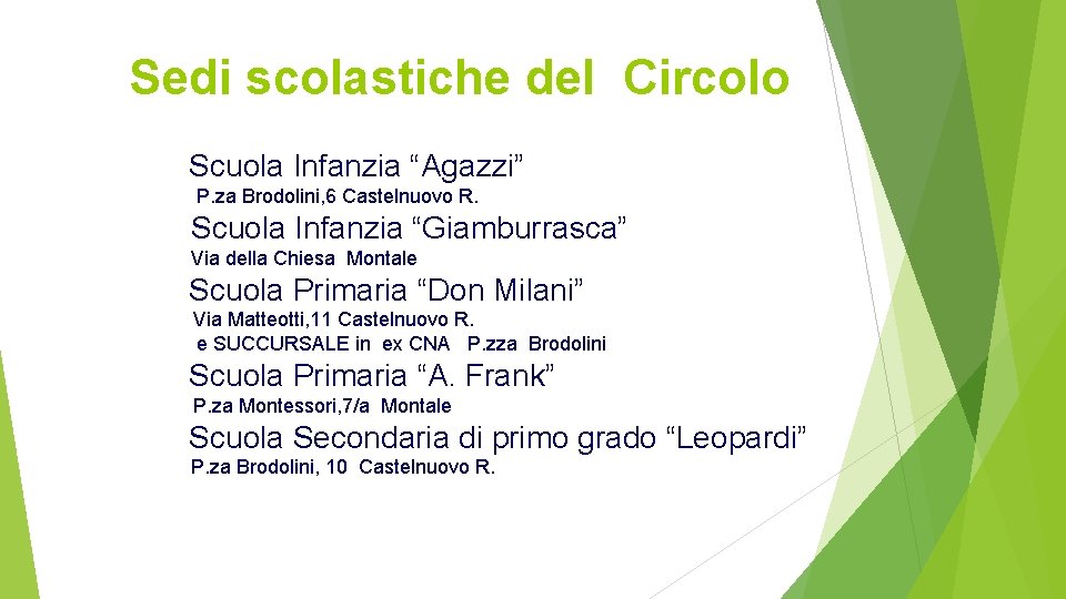 Sedi scolastiche del Circolo Scuola Infanzia “Agazzi” P. za Brodolini, 6 Castelnuovo R. Scuola