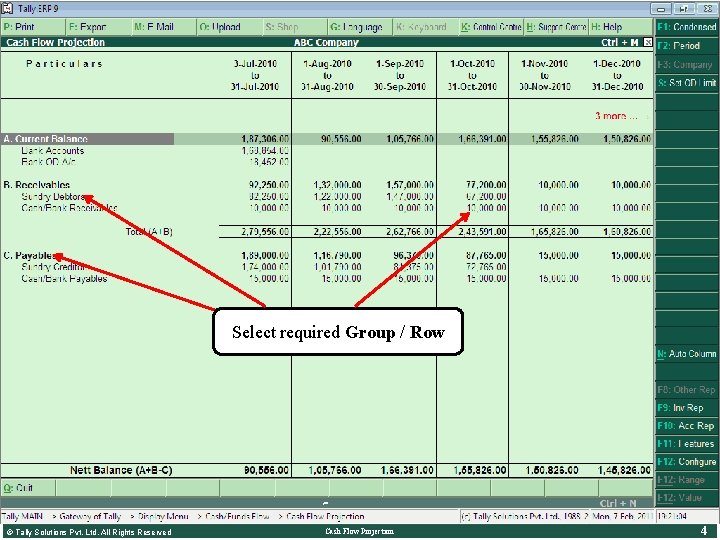 Cash Flow Projection • Cash Projection Group Summary Select required Group / Row ©