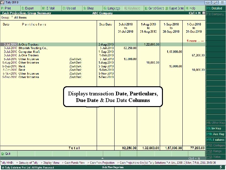 Cash Flow Projection Cash Projection Group Summary Example: Select Receivables and Press Enter Displays