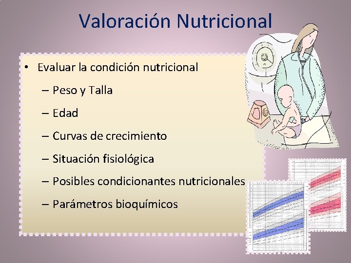 Valoración Nutricional • Evaluar la condición nutricional – Peso y Talla – Edad –