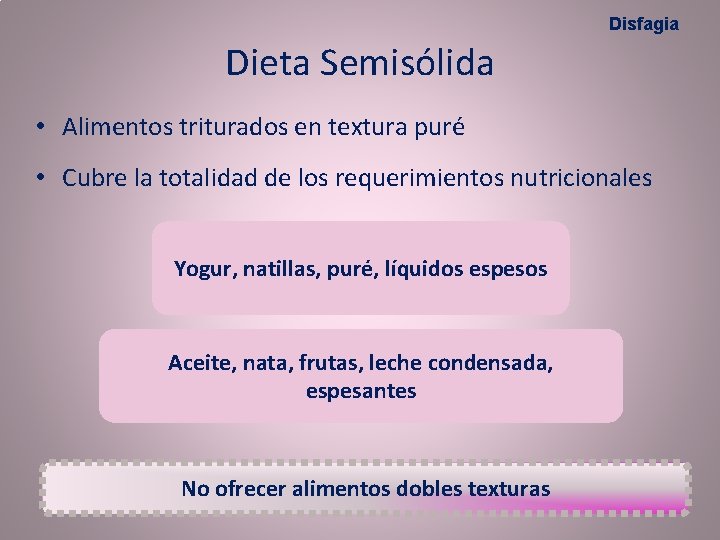 Disfagia Dieta Semisólida • Alimentos triturados en textura puré • Cubre la totalidad de