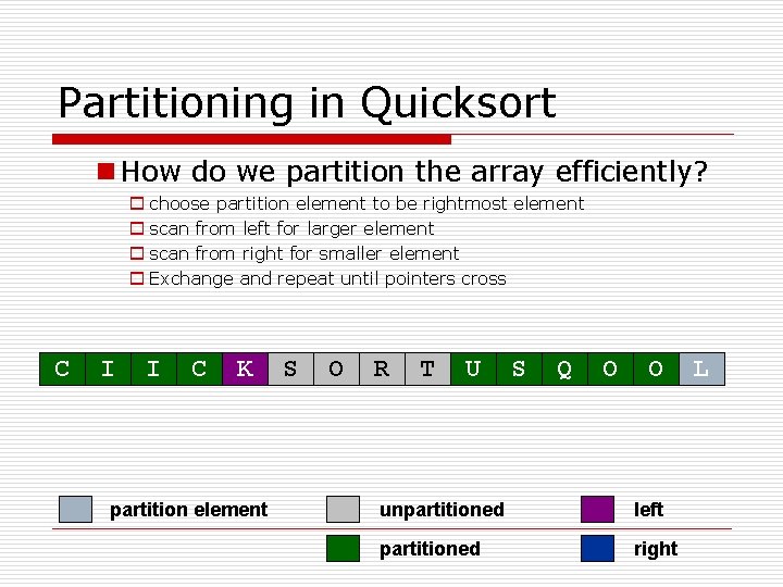 Partitioning in Quicksort n How do we partition the array efficiently? o choose partition