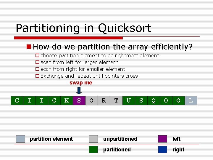 Partitioning in Quicksort n How do we partition the array efficiently? o choose partition