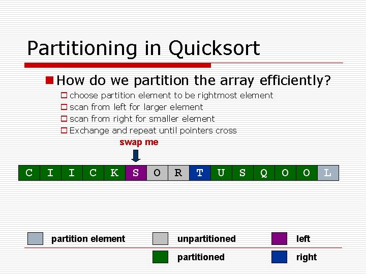 Partitioning in Quicksort n How do we partition the array efficiently? o choose partition