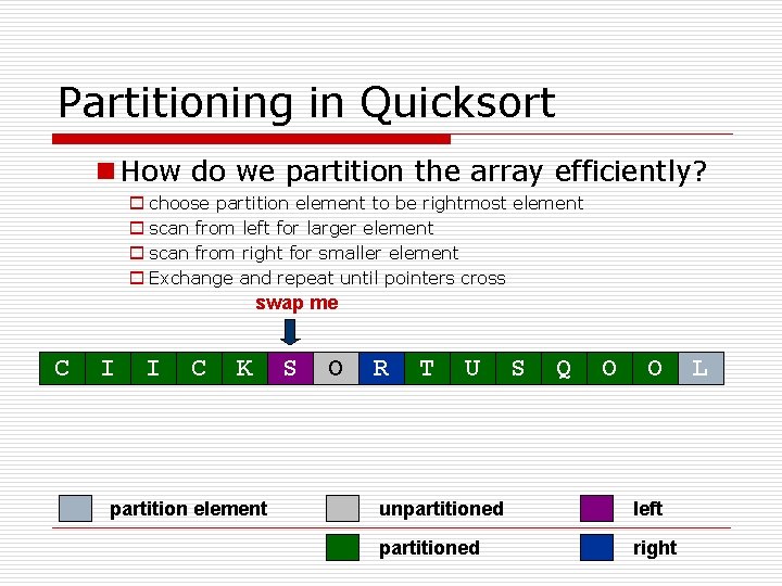Partitioning in Quicksort n How do we partition the array efficiently? o choose partition