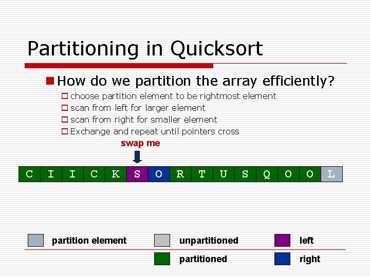 Partitioning in Quicksort n How do we partition the array efficiently? o choose partition