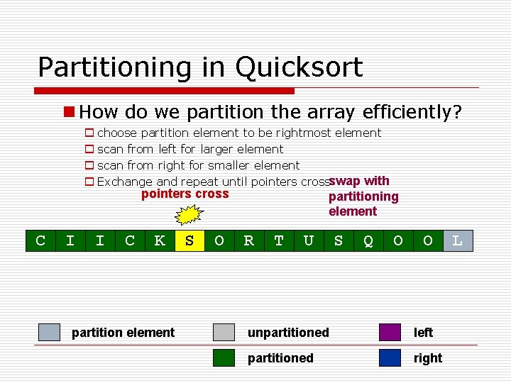 Partitioning in Quicksort n How do we partition the array efficiently? o choose partition