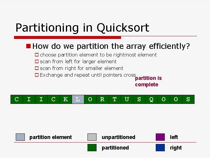 Partitioning in Quicksort n How do we partition the array efficiently? o choose partition