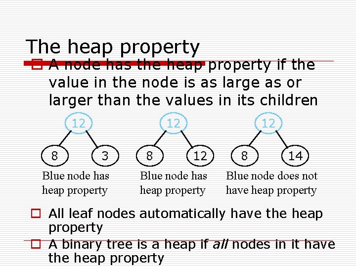 The heap property o A node has the heap property if the value in