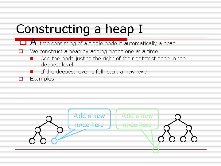 Constructing a heap I o. A o o tree consisting of a single node