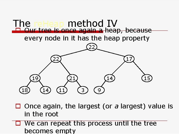The re. Heap method IV o Our tree is once again a heap, because
