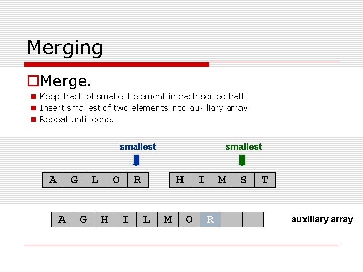Merging o. Merge. n Keep track of smallest element in each sorted half. n
