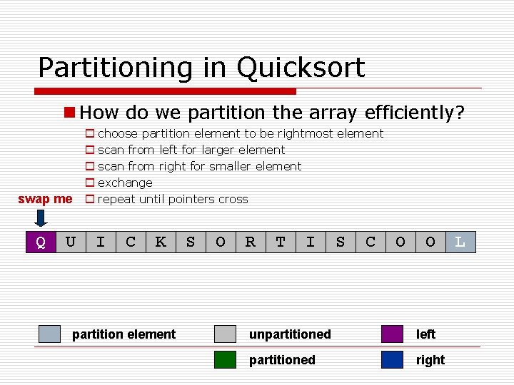 Partitioning in Quicksort n How do we partition the array efficiently? o choose partition