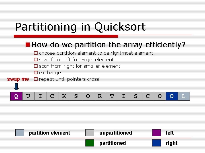 Partitioning in Quicksort n How do we partition the array efficiently? o choose partition