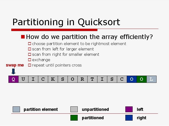 Partitioning in Quicksort n How do we partition the array efficiently? o choose partition