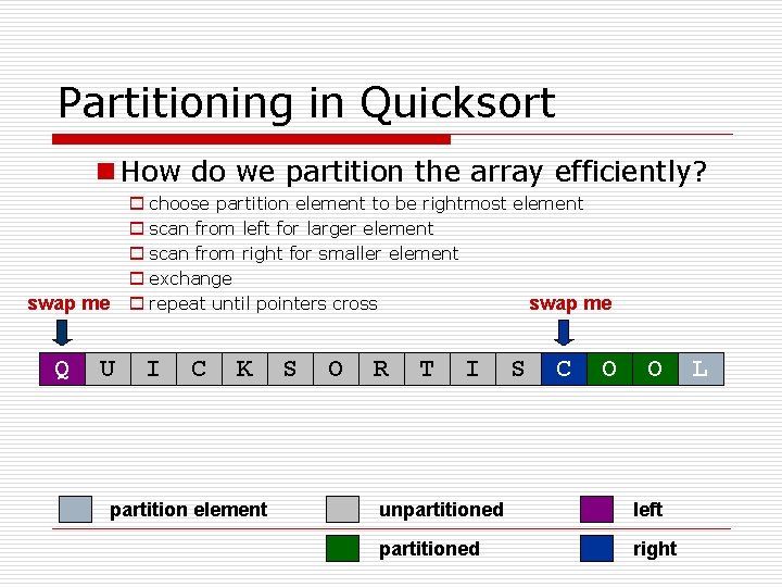 Partitioning in Quicksort n How do we partition the array efficiently? o choose partition