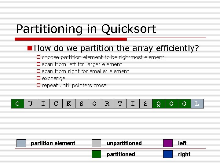 Partitioning in Quicksort n How do we partition the array efficiently? o choose partition