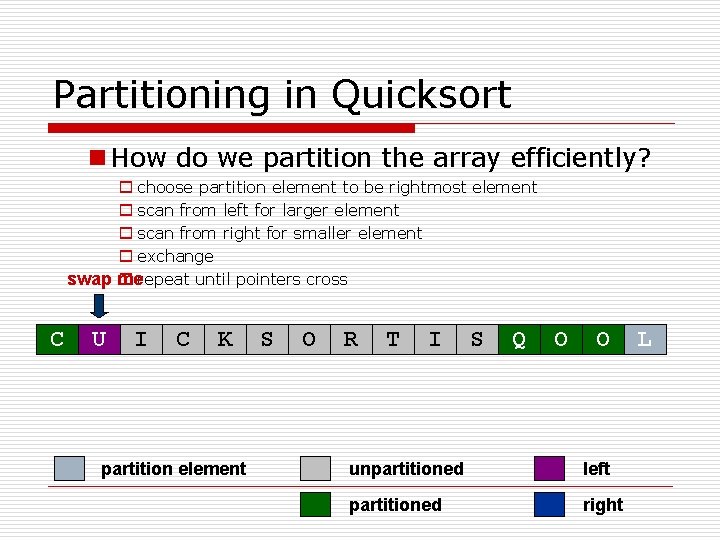 Partitioning in Quicksort n How do we partition the array efficiently? o choose partition