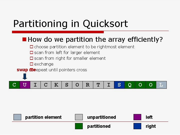 Partitioning in Quicksort n How do we partition the array efficiently? o choose partition