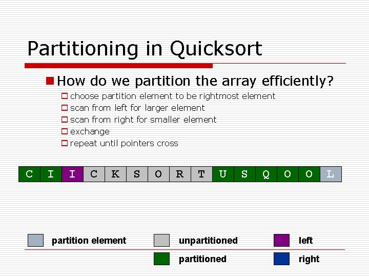 Partitioning in Quicksort n How do we partition the array efficiently? o choose partition