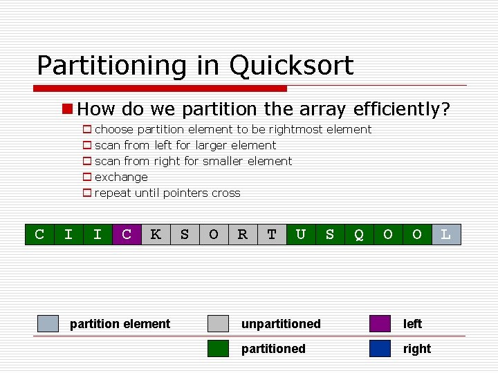 Partitioning in Quicksort n How do we partition the array efficiently? o choose partition