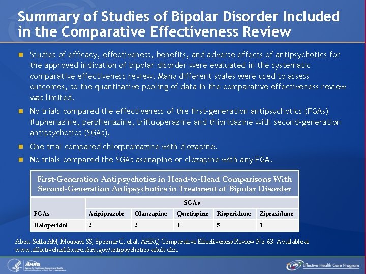 Summary of Studies of Bipolar Disorder Included in the Comparative Effectiveness Review n Studies